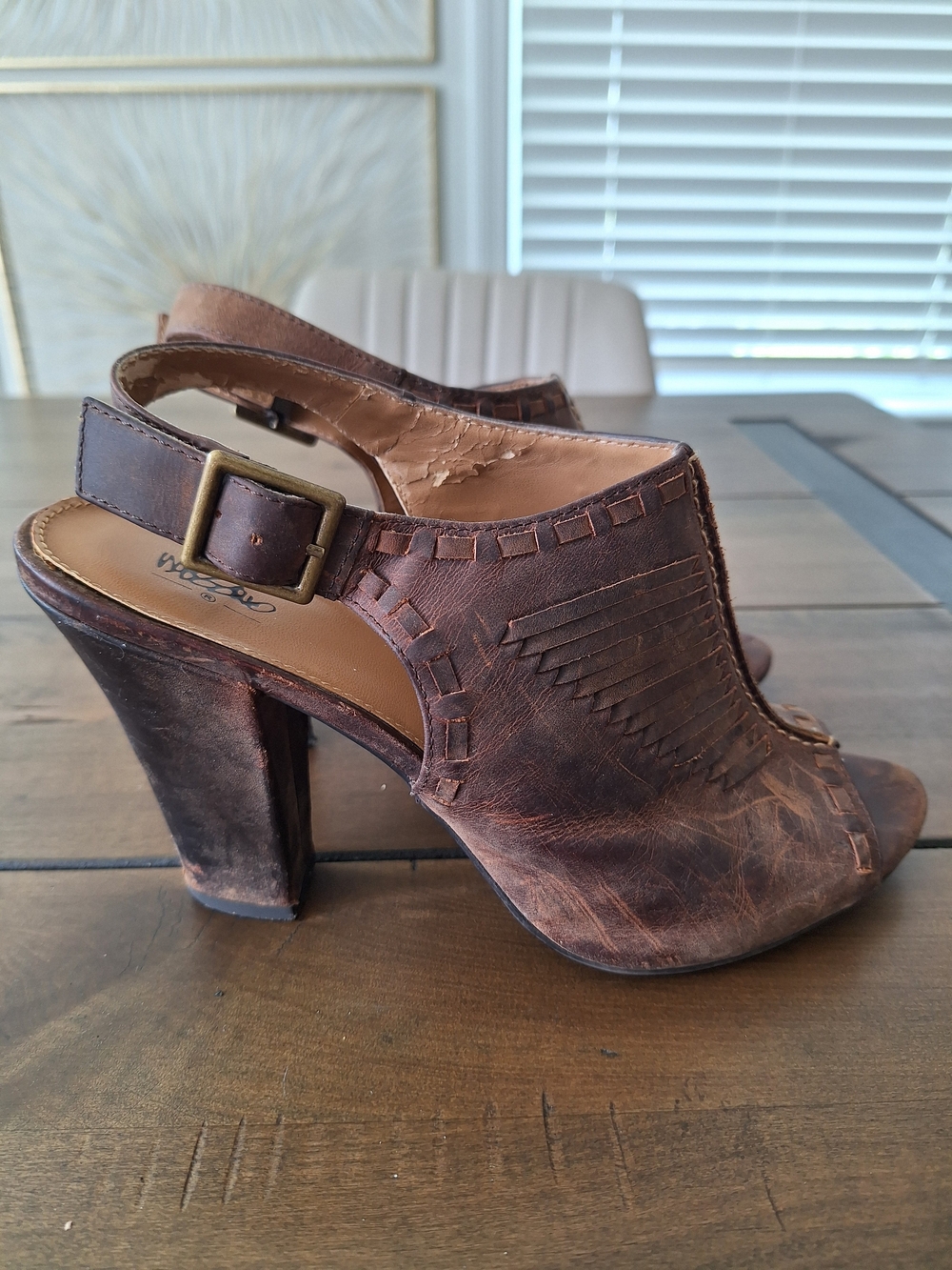 Massimo Distressed Brown Leather Peep-Toe Slingback Heels